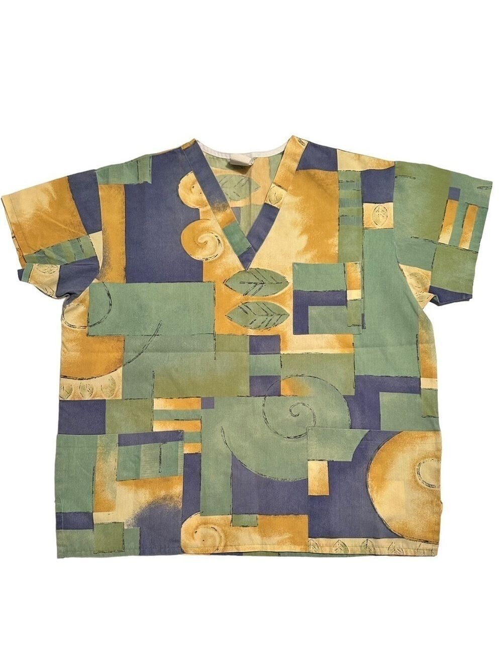 Peaches Uniforms V-Neck Scrub Top Womens Large Polyester Cotton Blue Green Gold